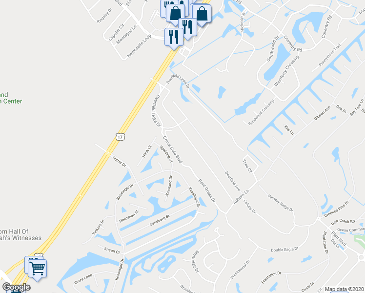map of restaurants, bars, coffee shops, grocery stores, and more near 1120 Spalding Court in Surfside Beach