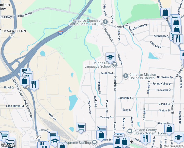 map of restaurants, bars, coffee shops, grocery stores, and more near 4510 Burks Road in Forest Park