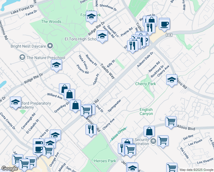 map of restaurants, bars, coffee shops, grocery stores, and more near 22804 Malaga Way in Lake Forest