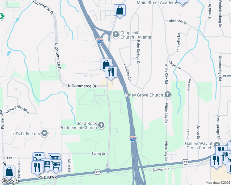 map of restaurants, bars, coffee shops, grocery stores, and more near 4560 Washington Road in Atlanta