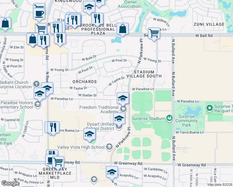 map of restaurants, bars, coffee shops, grocery stores, and more near 15040 West Statler Street in Surprise