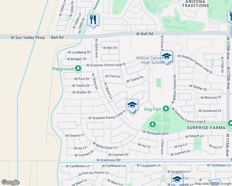 map of restaurants, bars, coffee shops, grocery stores, and more near 18199 West Paradise Lane in Surprise