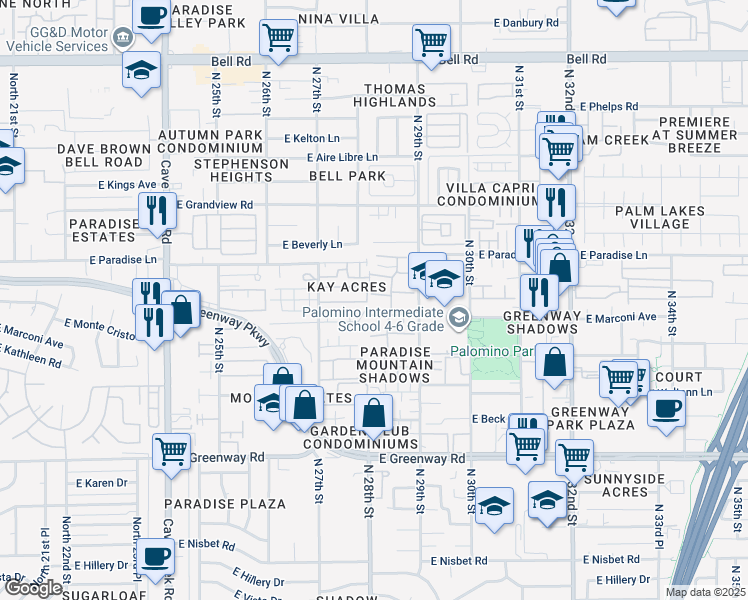 map of restaurants, bars, coffee shops, grocery stores, and more near 2814 East Marconi Avenue in Phoenix