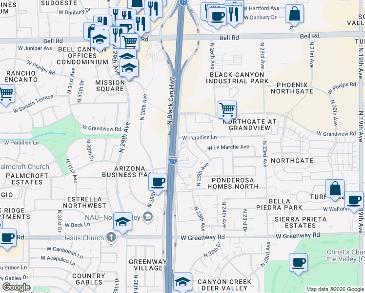 map of restaurants, bars, coffee shops, grocery stores, and more near 16049 North 26th Circle in Phoenix