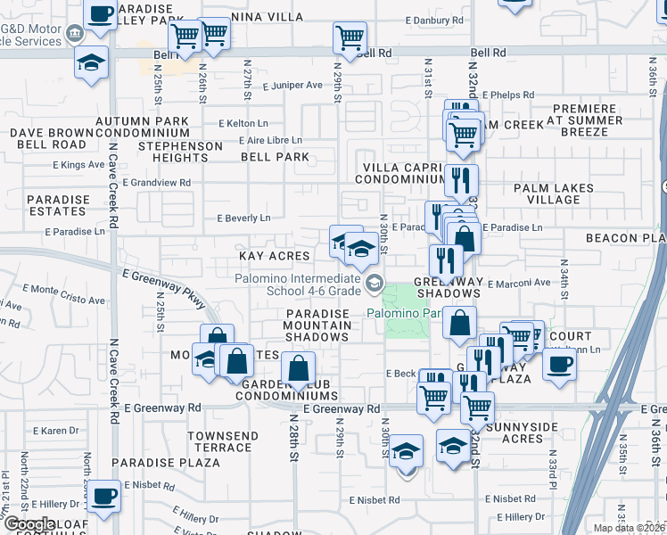map of restaurants, bars, coffee shops, grocery stores, and more near 2844 East Marconi Avenue in Phoenix