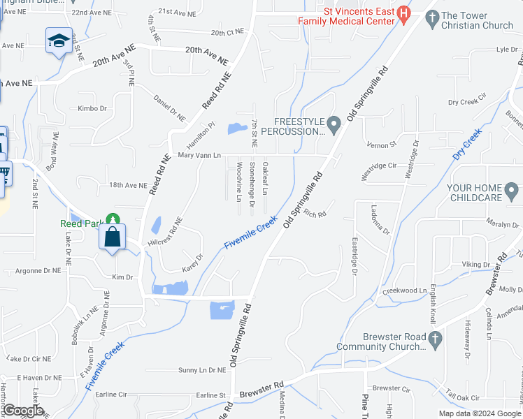 map of restaurants, bars, coffee shops, grocery stores, and more near 1806 Oakleaf Lane in Birmingham