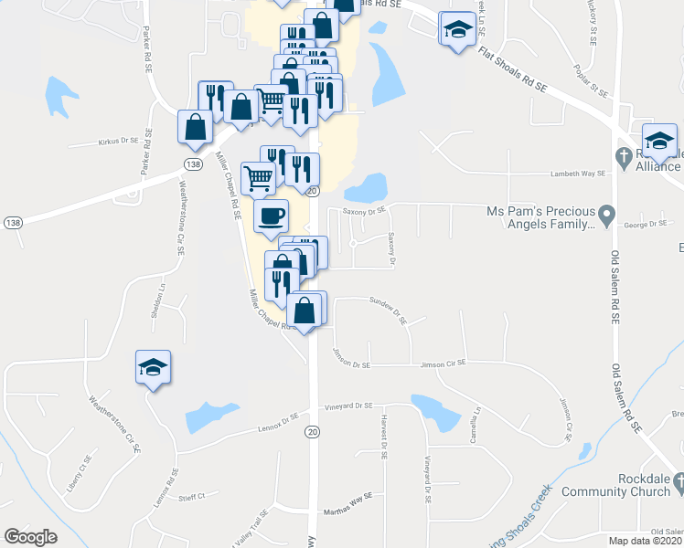 map of restaurants, bars, coffee shops, grocery stores, and more near 1235 Saxony Drive Southeast in Conyers