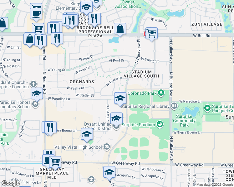 map of restaurants, bars, coffee shops, grocery stores, and more near 15039 West Statler Street in Surprise