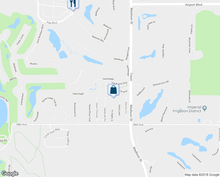 map of restaurants, bars, coffee shops, grocery stores, and more near 80836 Calle Azul in La Quinta