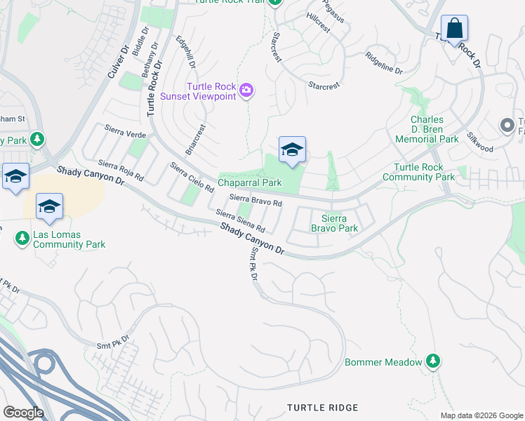 map of restaurants, bars, coffee shops, grocery stores, and more near 19381 Sierra Bello Road in Irvine