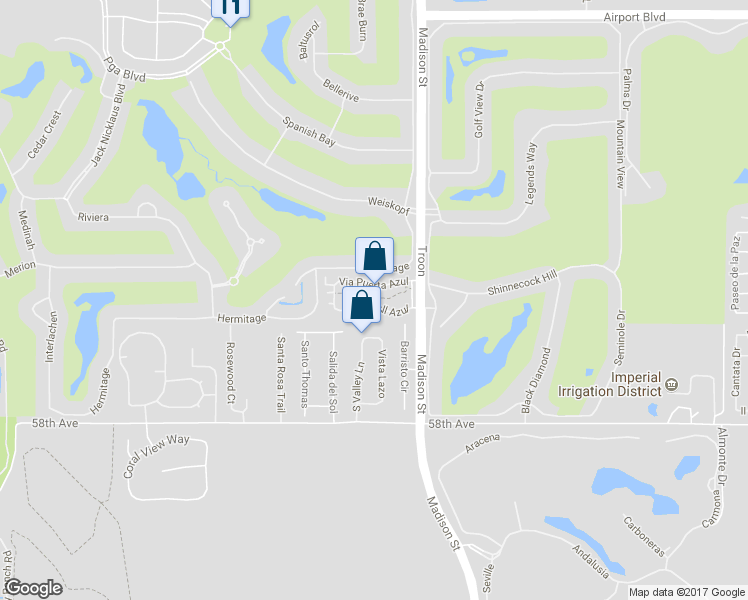 map of restaurants, bars, coffee shops, grocery stores, and more near 80884 Calle Azul in La Quinta