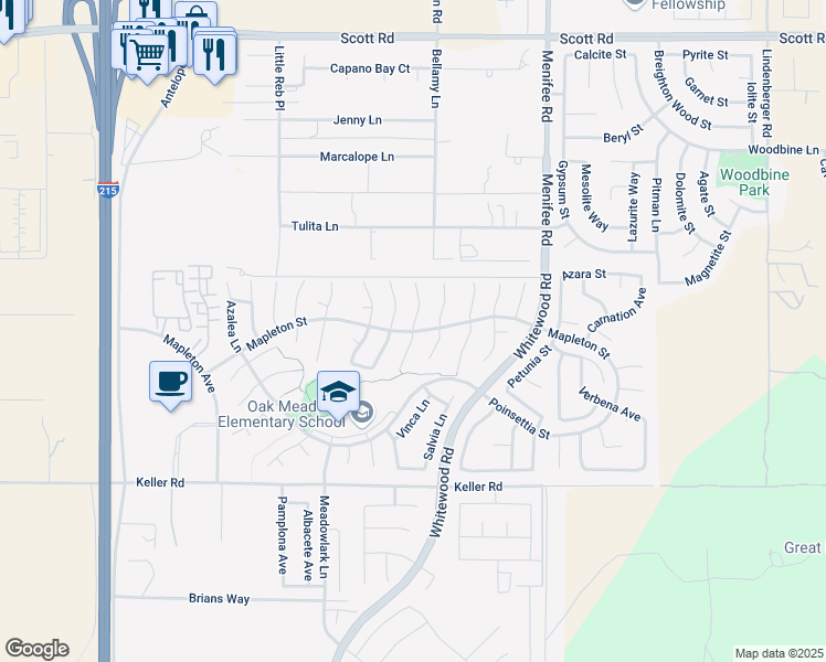 map of restaurants, bars, coffee shops, grocery stores, and more near Mapleton Street in Murrieta