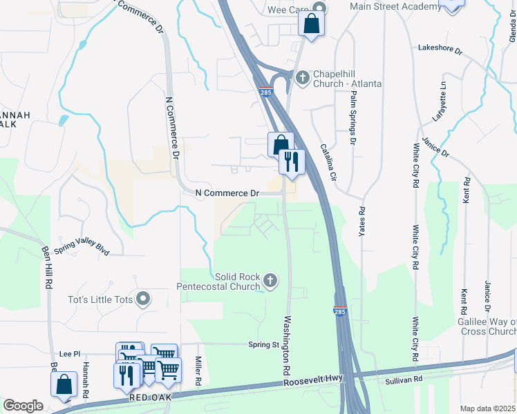 map of restaurants, bars, coffee shops, grocery stores, and more near 4555 Washington Road in Atlanta