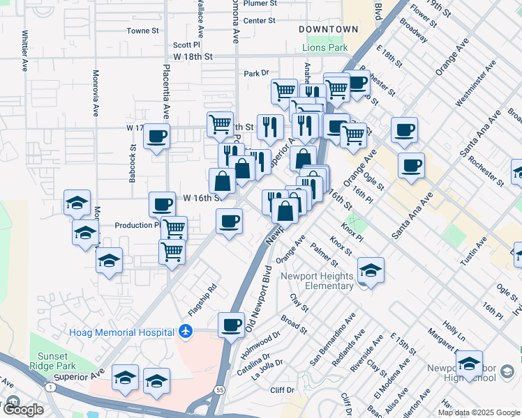 map of restaurants, bars, coffee shops, grocery stores, and more near 1515 Sullivan Avenue in Costa Mesa