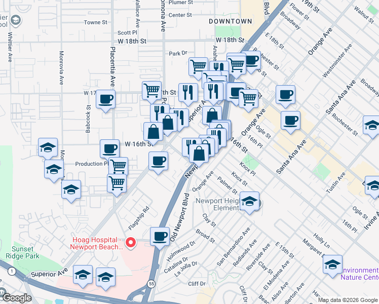 map of restaurants, bars, coffee shops, grocery stores, and more near 1531 Greenwich Way in Costa Mesa