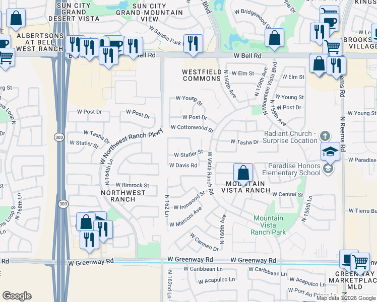 map of restaurants, bars, coffee shops, grocery stores, and more near 16203 West Statler Street in Surprise