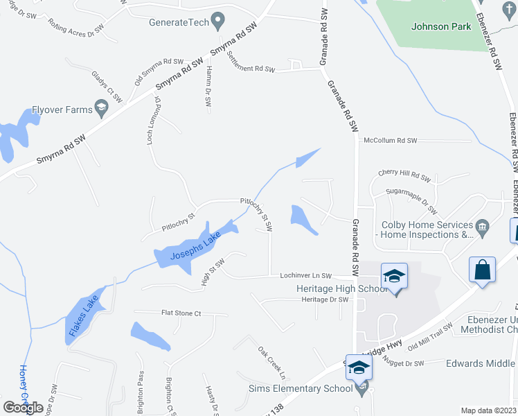map of restaurants, bars, coffee shops, grocery stores, and more near 2719 Pitlochry Street Southwest in Conyers