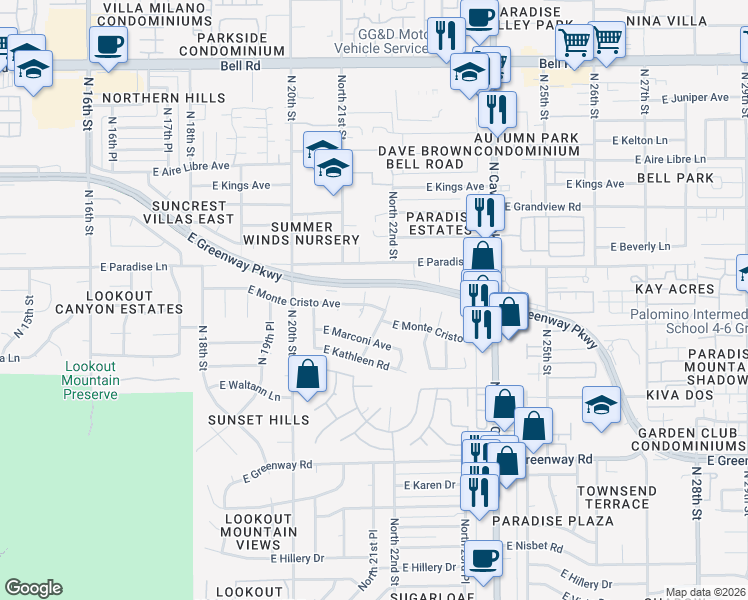 map of restaurants, bars, coffee shops, grocery stores, and more near 15845 North 21st Place in Phoenix