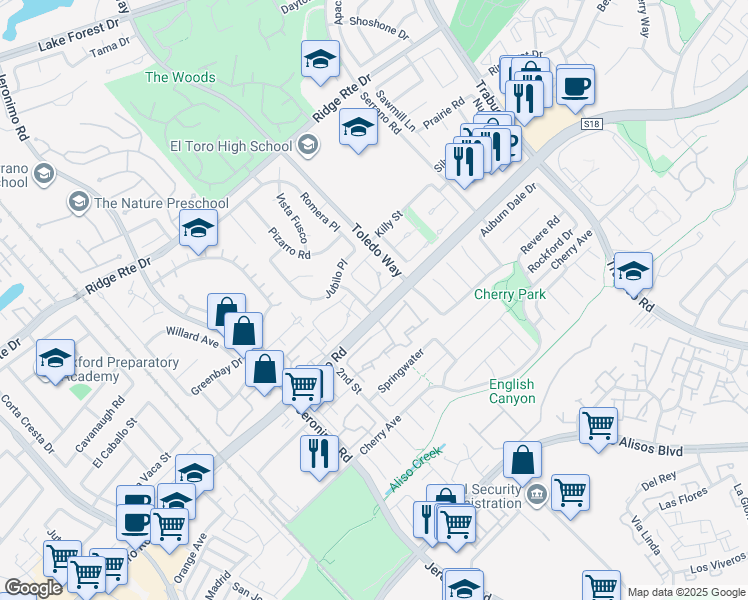 map of restaurants, bars, coffee shops, grocery stores, and more near 22804 Malaga Way in Lake Forest