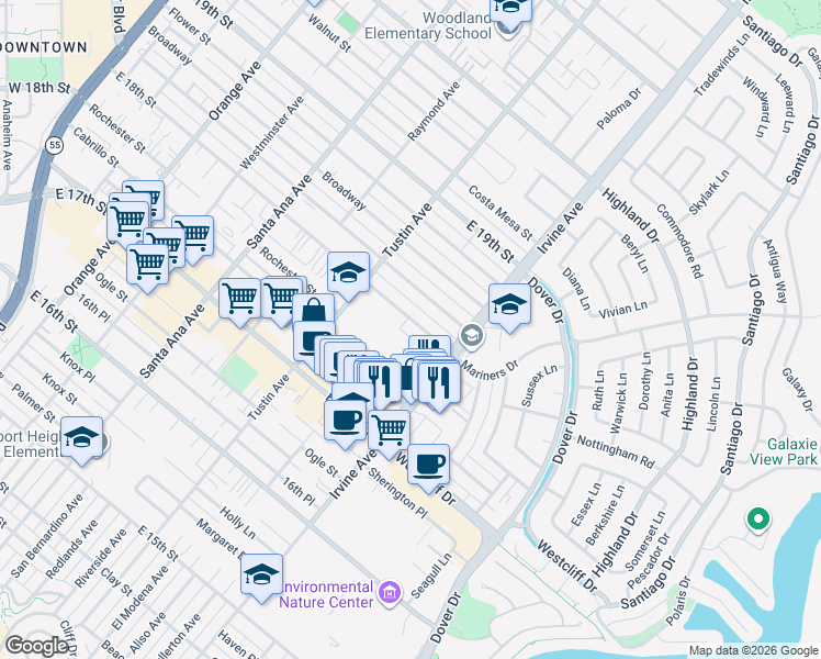 map of restaurants, bars, coffee shops, grocery stores, and more near 459 East 18th Street in Costa Mesa