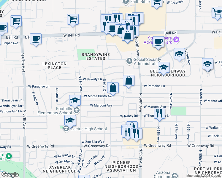 map of restaurants, bars, coffee shops, grocery stores, and more near 6026 West Monte Cristo Avenue in Glendale
