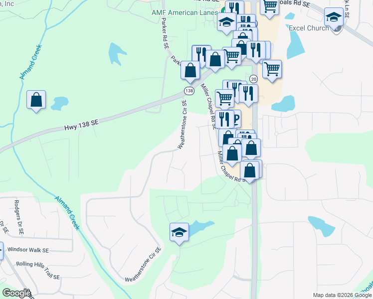 map of restaurants, bars, coffee shops, grocery stores, and more near 1903 Sheldon Lane in Conyers