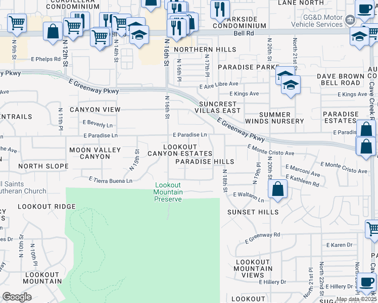 map of restaurants, bars, coffee shops, grocery stores, and more near North 17th Street in Phoenix