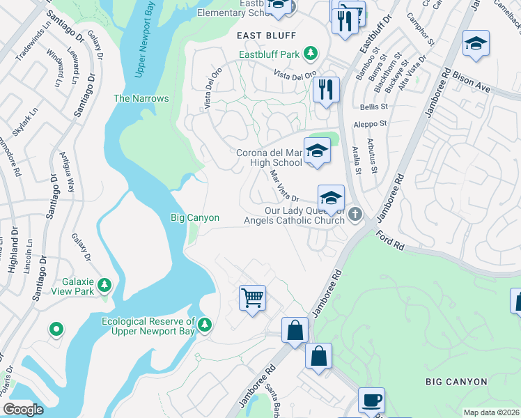 map of restaurants, bars, coffee shops, grocery stores, and more near 659 Vista Bonita in Newport Beach