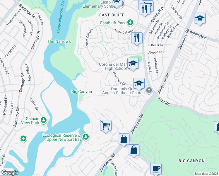 map of restaurants, bars, coffee shops, grocery stores, and more near 659 Vista Bonita in Newport Beach