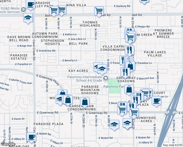 map of restaurants, bars, coffee shops, grocery stores, and more near 2844 East Marconi Avenue in Phoenix