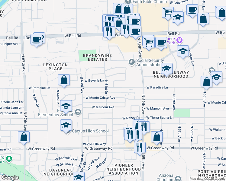 map of restaurants, bars, coffee shops, grocery stores, and more near 6026 West Monte Cristo Avenue in Glendale
