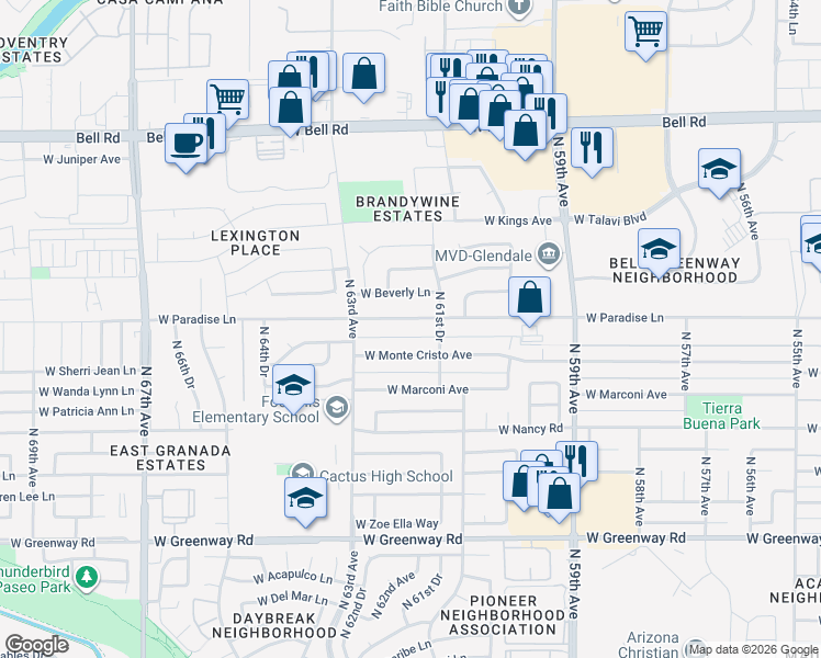 map of restaurants, bars, coffee shops, grocery stores, and more near 6136 West Monte Cristo Avenue in Glendale
