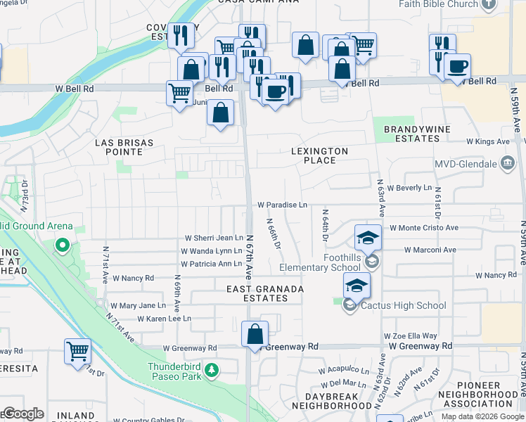 map of restaurants, bars, coffee shops, grocery stores, and more near 16028 North 66th Drive in Glendale