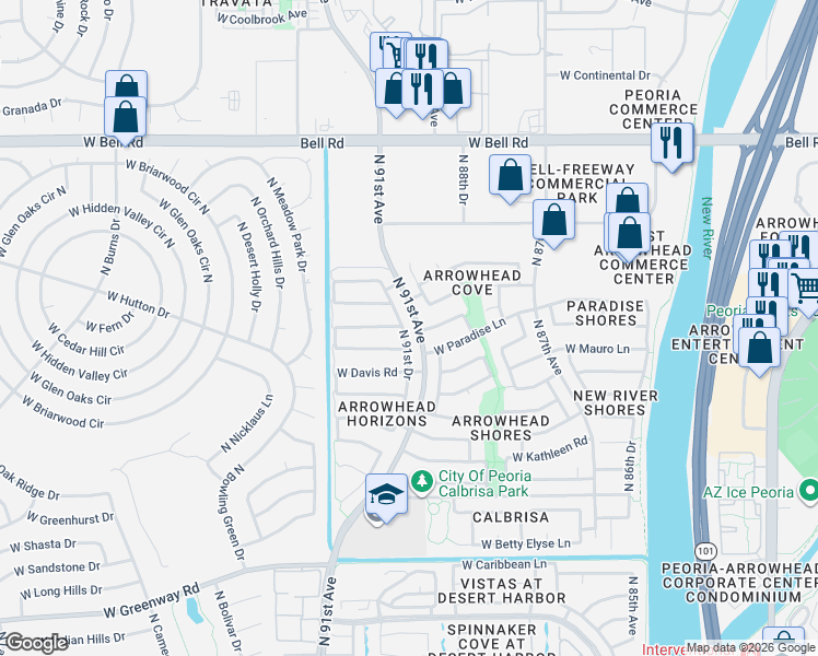 map of restaurants, bars, coffee shops, grocery stores, and more near 9014 West Paradise Lane in Peoria