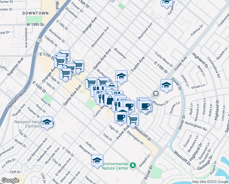 map of restaurants, bars, coffee shops, grocery stores, and more near 410 Cabrillo Street in Costa Mesa
