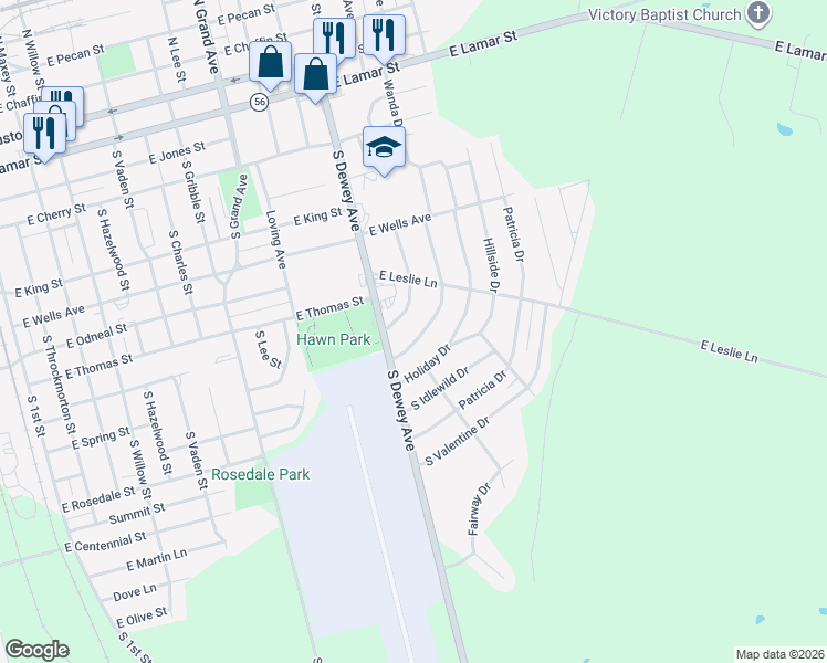 map of restaurants, bars, coffee shops, grocery stores, and more near 909 South Andrews Avenue in Sherman