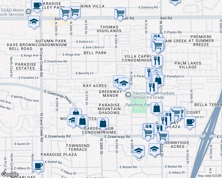 map of restaurants, bars, coffee shops, grocery stores, and more near 2831 East Monte Cristo Avenue in Phoenix