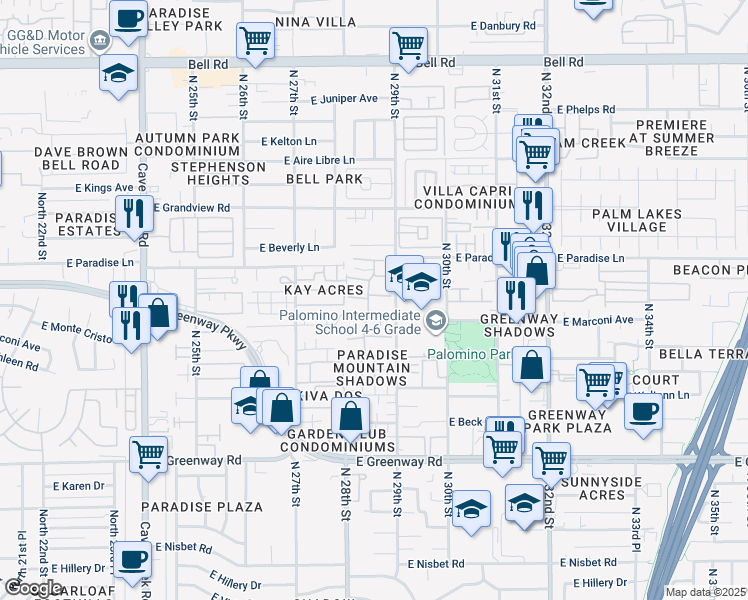 map of restaurants, bars, coffee shops, grocery stores, and more near 2825 East Monte Cristo Avenue in Phoenix