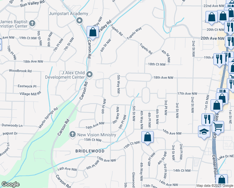 map of restaurants, bars, coffee shops, grocery stores, and more near 1706 5th Way Northwest in Birmingham