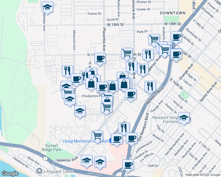 map of restaurants, bars, coffee shops, grocery stores, and more near 5 Ebb Tide Circle in Newport Beach