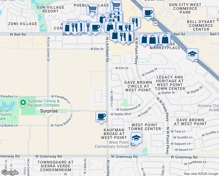 map of restaurants, bars, coffee shops, grocery stores, and more near 16244 North 138th Lane in Surprise