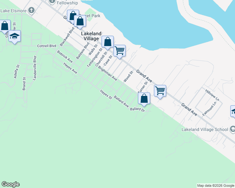 map of restaurants, bars, coffee shops, grocery stores, and more near 33234 Wood Street in Lake Elsinore