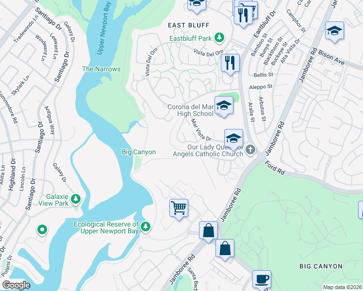map of restaurants, bars, coffee shops, grocery stores, and more near 655 Vista Bonita in Newport Beach