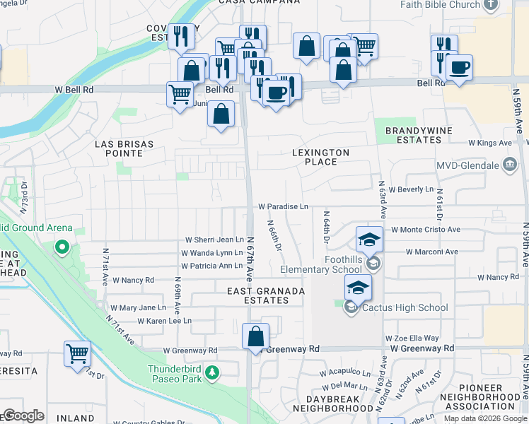 map of restaurants, bars, coffee shops, grocery stores, and more near 16028 North 66th Drive in Glendale