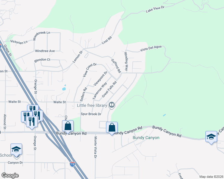 map of restaurants, bars, coffee shops, grocery stores, and more near 33686 Breckenridge Trail in Wildomar