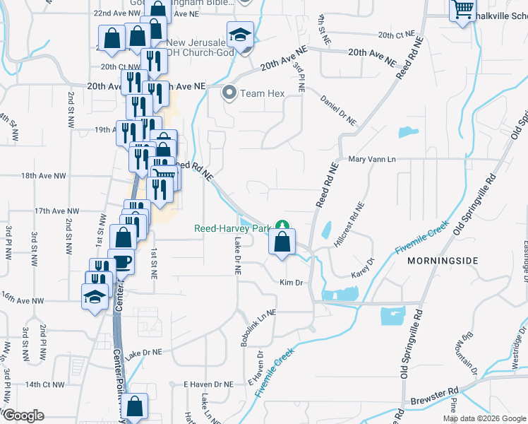 map of restaurants, bars, coffee shops, grocery stores, and more near 314 Polly Reed Road Northeast in Center Point
