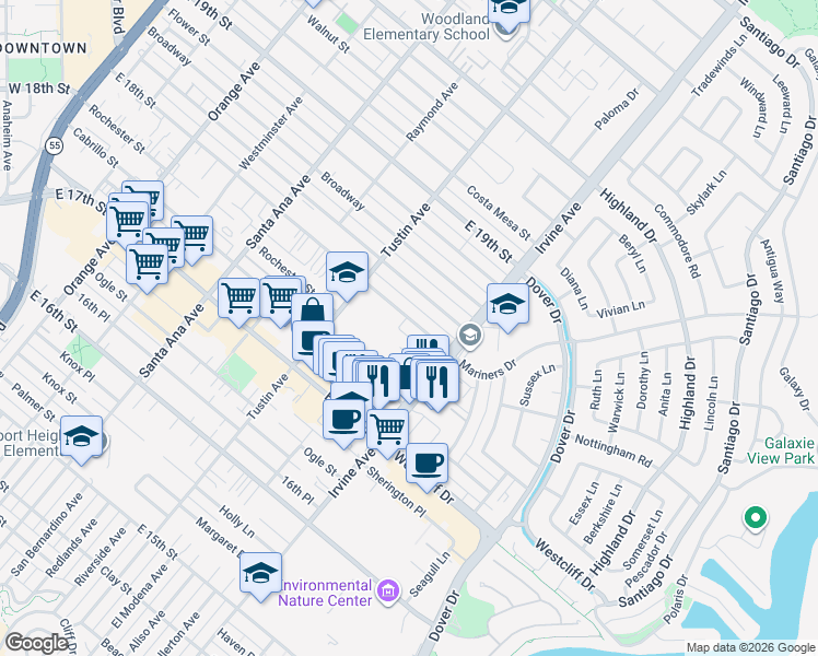 map of restaurants, bars, coffee shops, grocery stores, and more near 459 East 18th Street in Costa Mesa