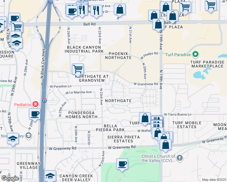 map of restaurants, bars, coffee shops, grocery stores, and more near 2222 West Faria Lane in Phoenix