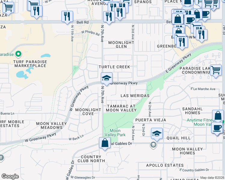 map of restaurants, bars, coffee shops, grocery stores, and more near 16225 North 7th Avenue in Phoenix