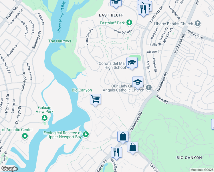 map of restaurants, bars, coffee shops, grocery stores, and more near 673 Vista Bonita in Newport Beach